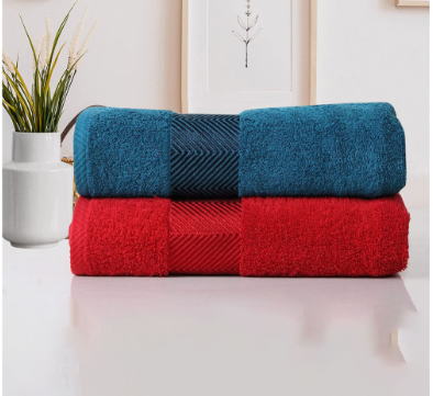 Luxury Large Couple Bath Towel Set ( Set of 2 _ Maroon Red & Teal ) - Image 2